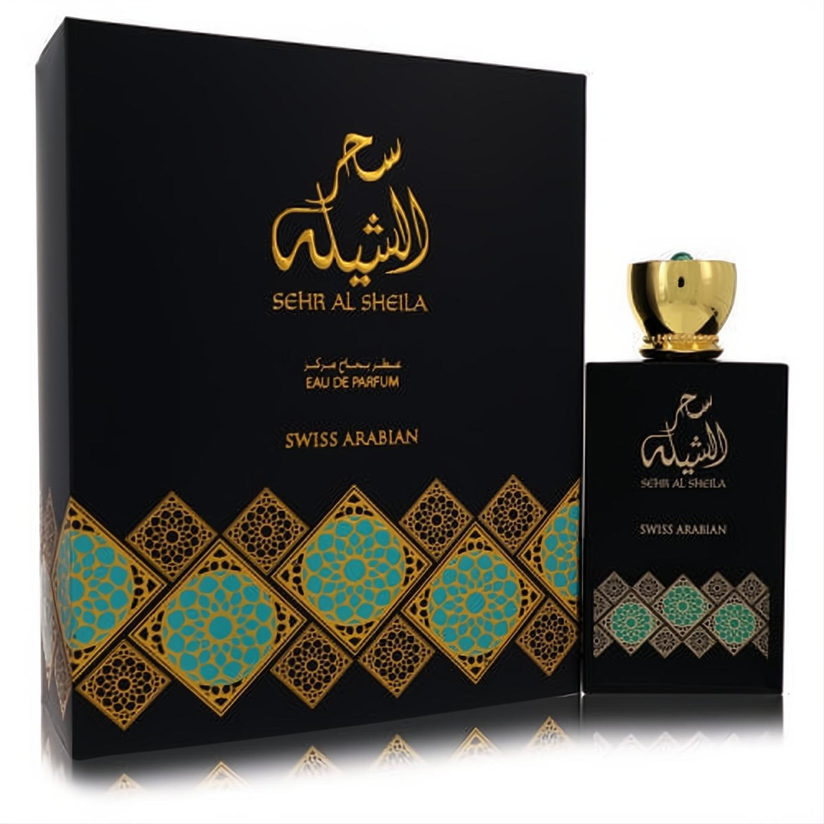 Luxurious Sehr Al Sheila Swiss Arabian unisex EDP. Black bottle & box with gold cap, green gem, and teal oriental patterns.