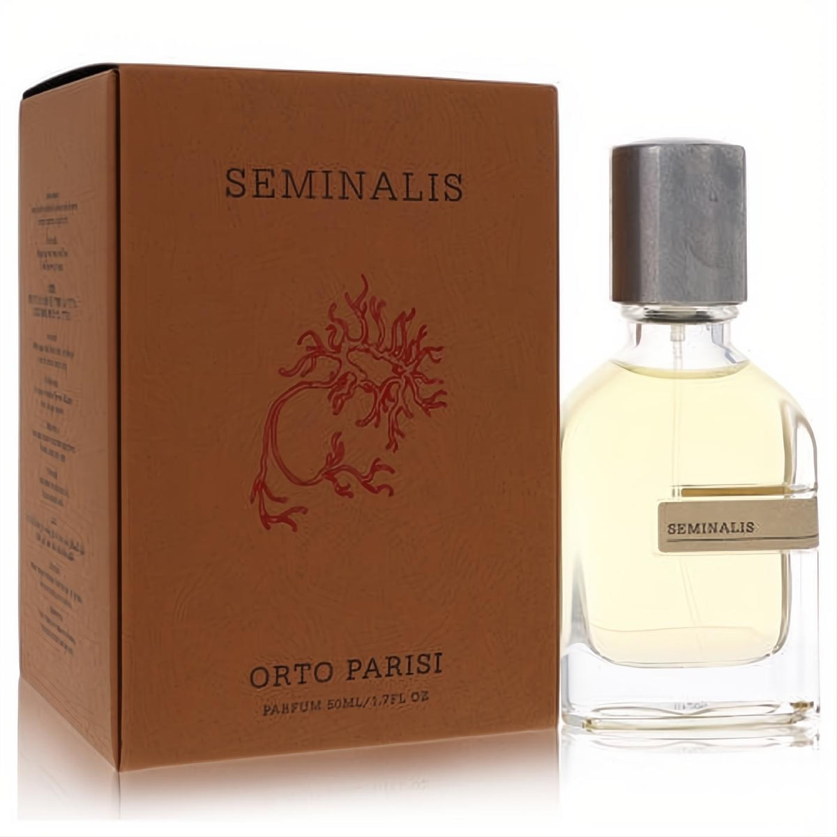 Seminalis by Orto Parisi 1.7 oz unisex perfume bottle with a rustic brown box featuring red coral art.