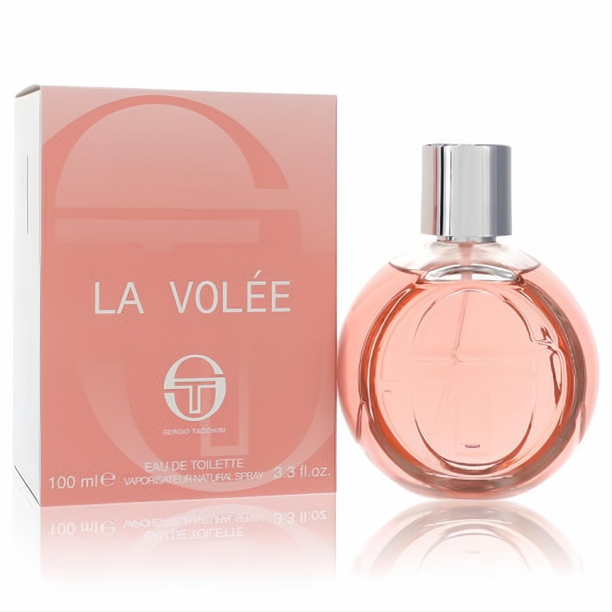 Sergio Tacchini La Volee 3.3 oz Eau De Toilette. Elegant round pink glass bottle with silver cap and matching branded box.