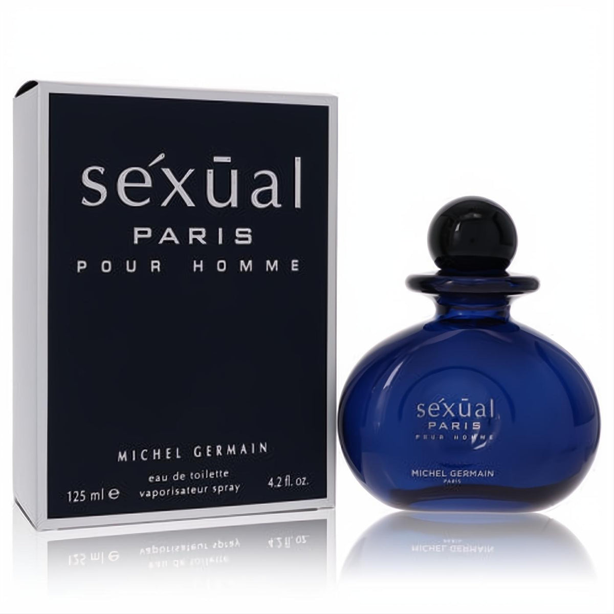 Sophisticated Michel Germain Sexual Paris Pour Homme 4.2 oz EDT spray. Bold blue bottle, black cap, and elegant box.