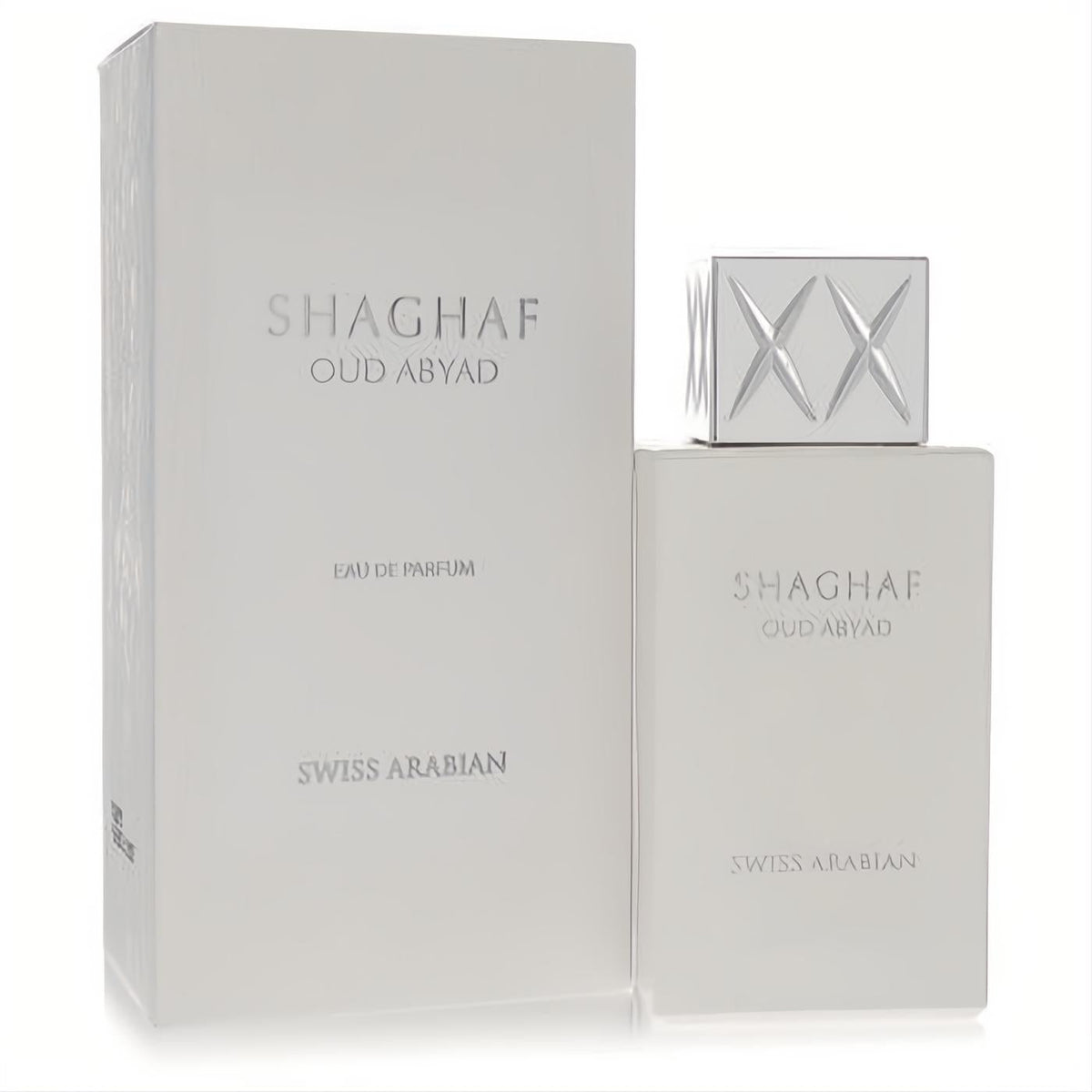 Shaghaf Oud Abyad Swiss Arabian unisex EDP. Modern white bottle, silver XX cap, and matching luxury packaging.