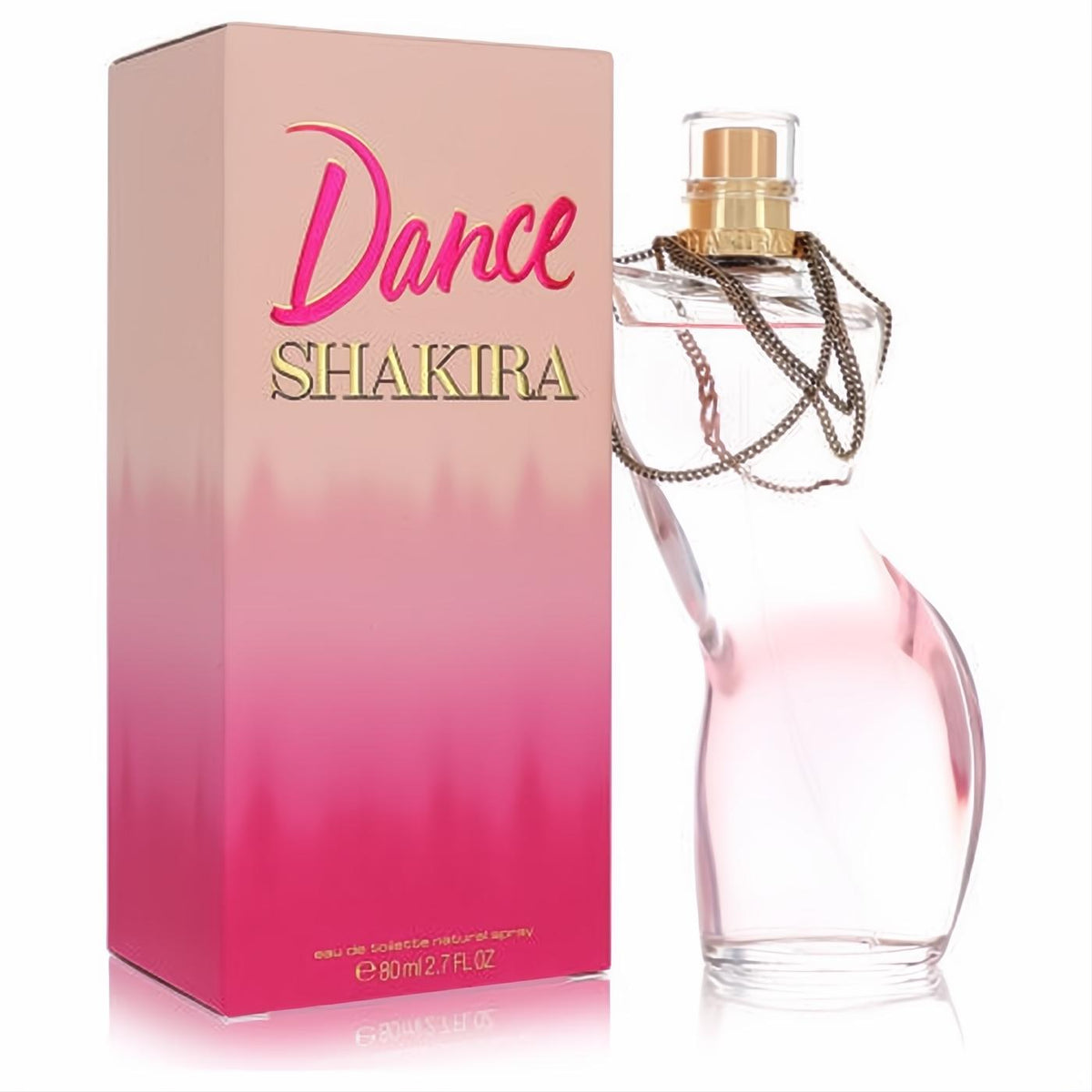 Shakira Dance 2.7oz EDT: Seductive curvy pink glass bottle with gold chain, paired with a vibrant ombre pink box.