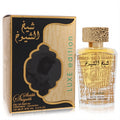Experience luxury! Sheikh Al Shuyukh Luxe Edition 3.4 oz EDP. Elegant gold/black box, clear bottle, ornate gold design, textured cap.