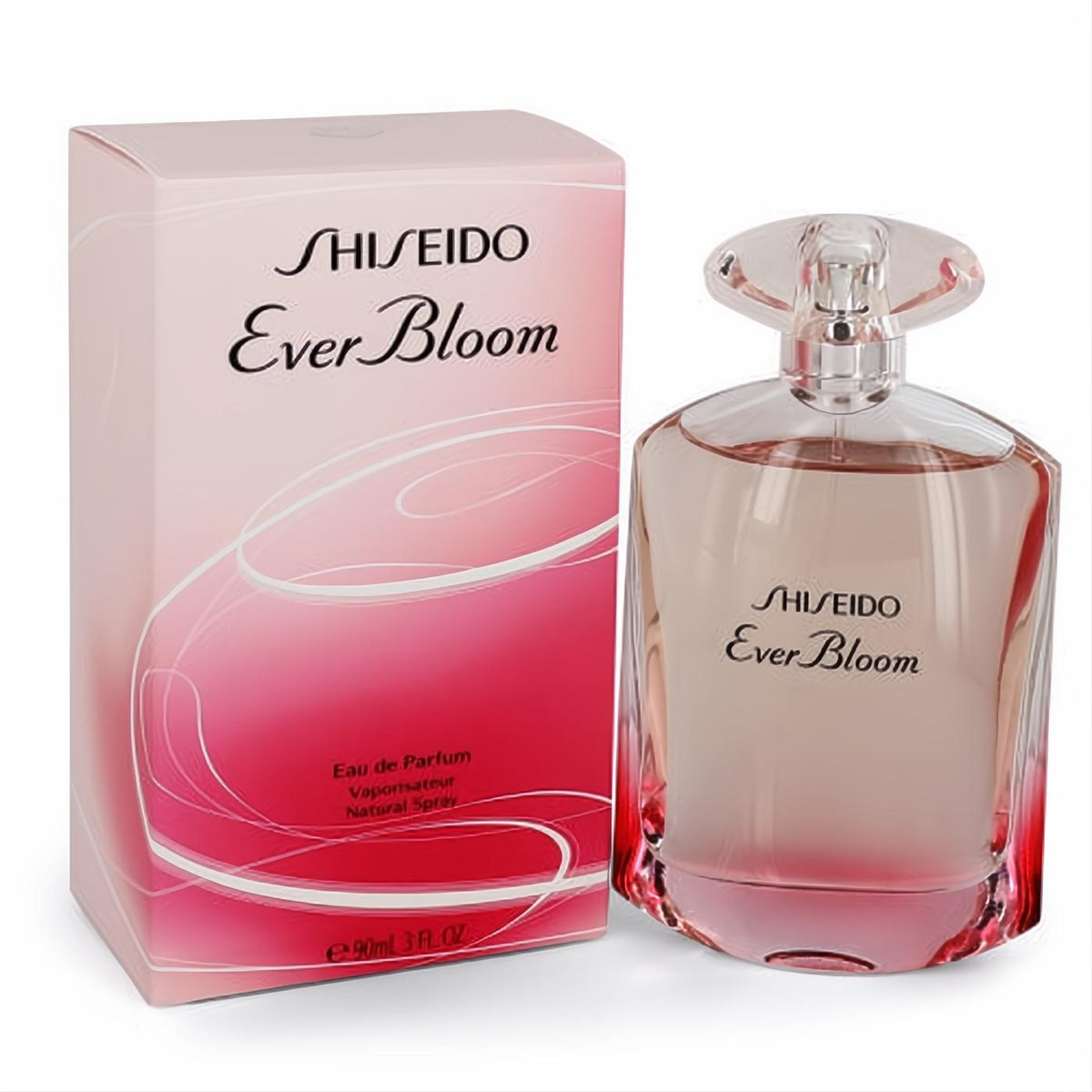Shiseido Ever Bloom 3 oz Eau de Parfum spray. Luxurious clear glass bottle with a pink-red gradient, displayed with its elegant matching box.