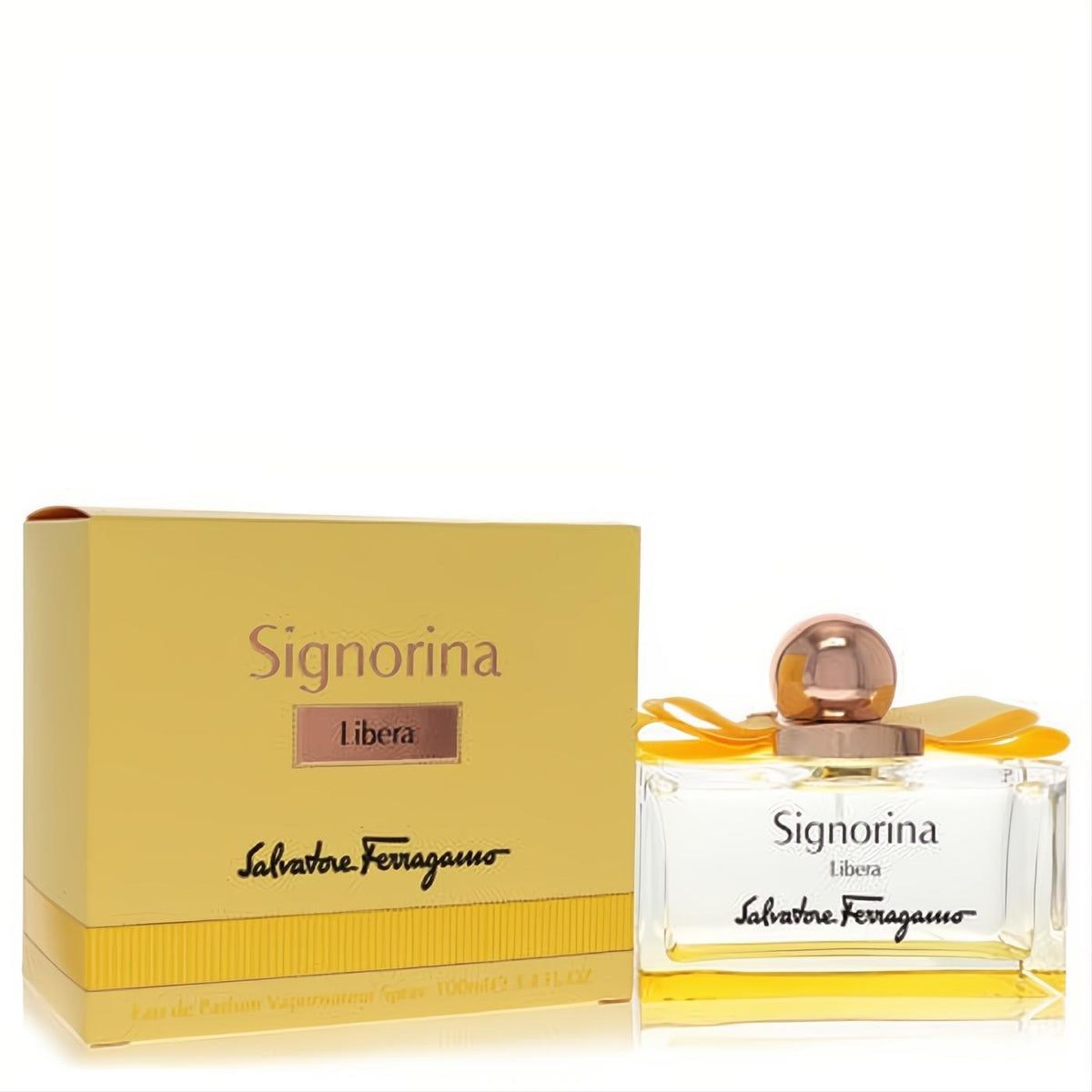 Signorina Libera Eau De Parfum 3.4 oz by Salvatore Ferragamo. Clear glass bottle with rose gold cap, elegant yellow bow, and matching golden box.