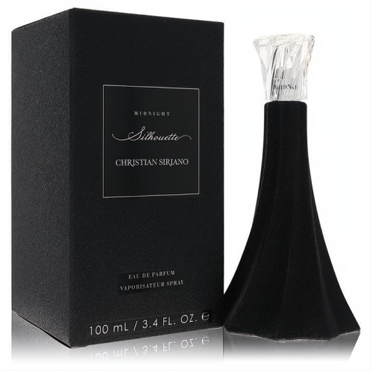 Christian Siriano Silhouette Midnight 3.4 oz EDP. Striking matte black bottle with a unique flared silhouette and clear faceted cap, next to its elegant box.