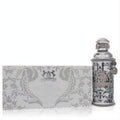 Luxurious Alexandre J Silver Ombre 3.4 oz Eau de Parfum. Ornate silver bottle and matching box with elegant black damask patterns.