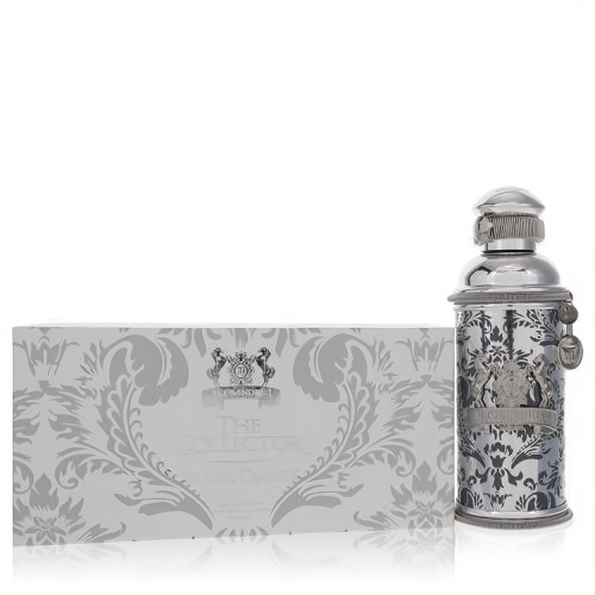 Luxurious Alexandre J Silver Ombre 3.4 oz Eau de Parfum. Ornate silver bottle and matching box with elegant black damask patterns.