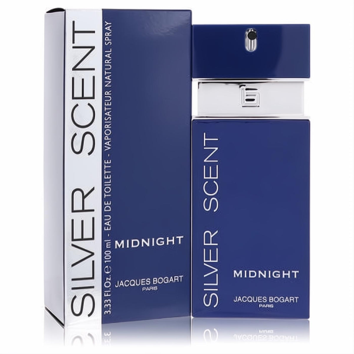 Sophisticated Silver Scent Midnight 3.4 oz EDT by Jacques Bogart. Sleek deep blue bottle, silver cap, presented with matching box.