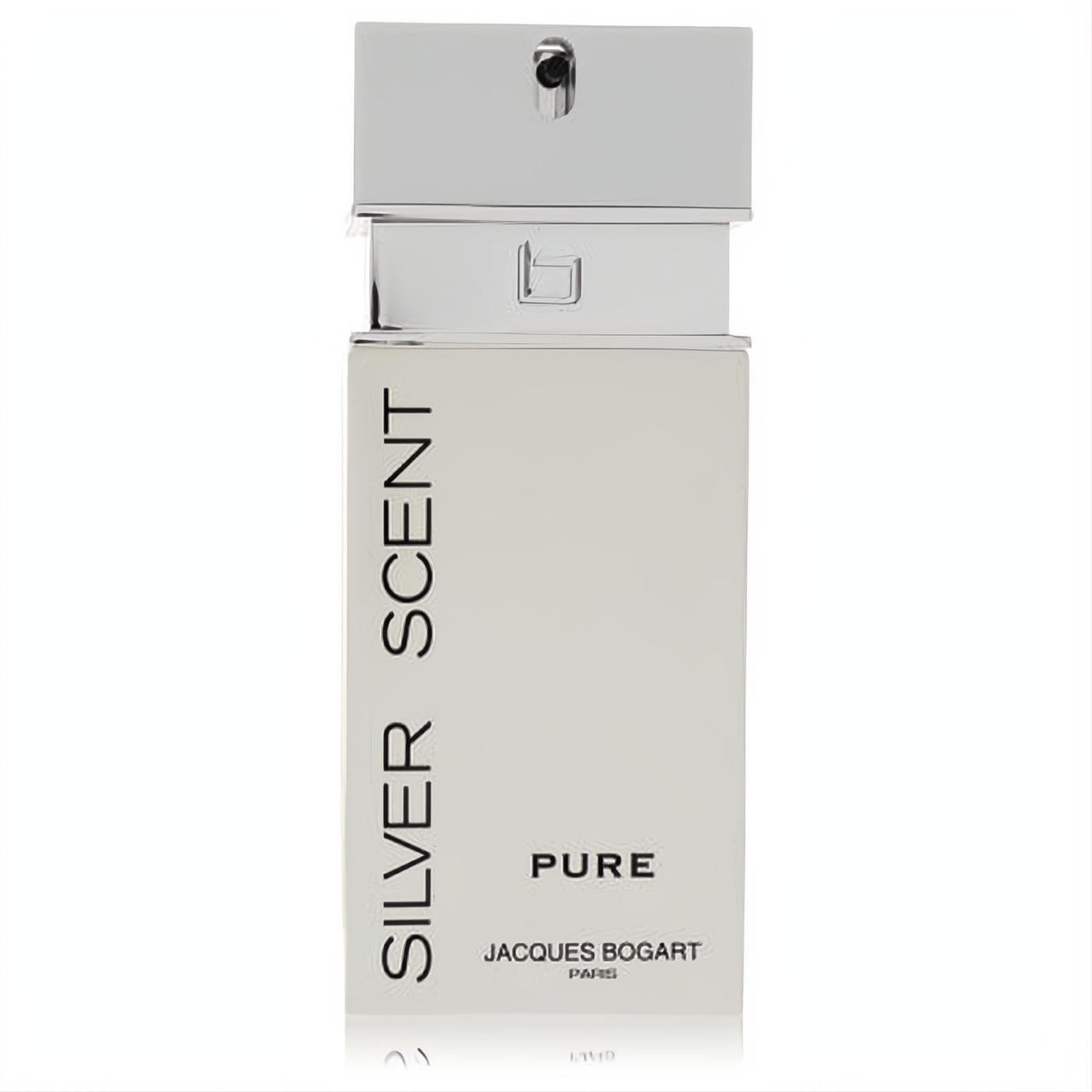 Modern silver Silver Scent Pure by Jacques Bogart men's EDT spray bottle with a sleek metallic cap. Elevate your signature scent.