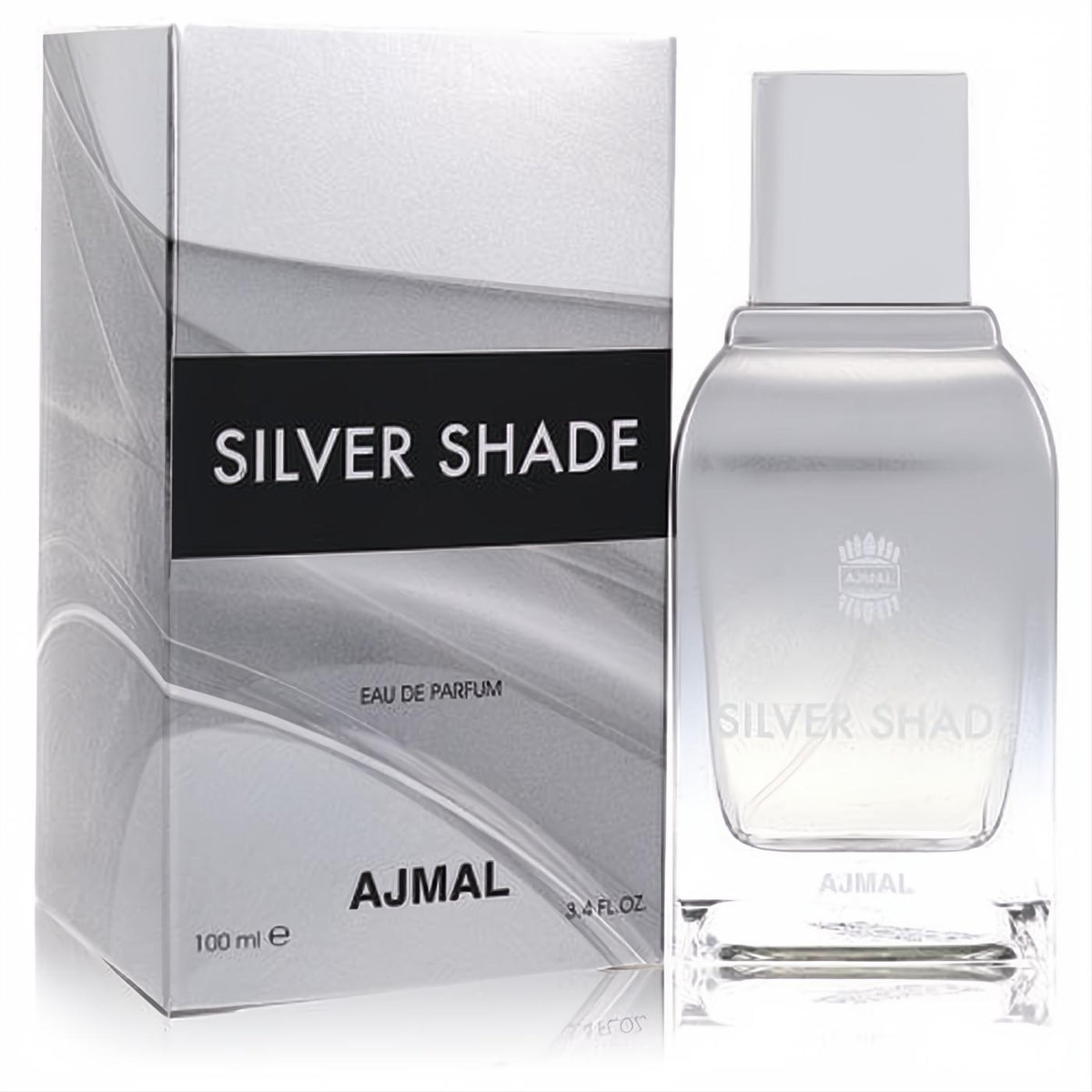 Experience Ajmal Silver Shade 3.4 oz unisex EDP. Sleek silver bottle and modern silver-black box.