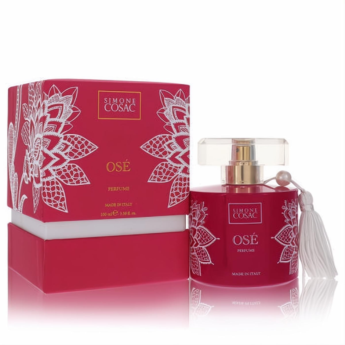 Luxurious Simone Cosac Ose 3.38 oz women's perfume. Magenta bottle with white floral lace, gold sprayer, and elegant pearl tassel.