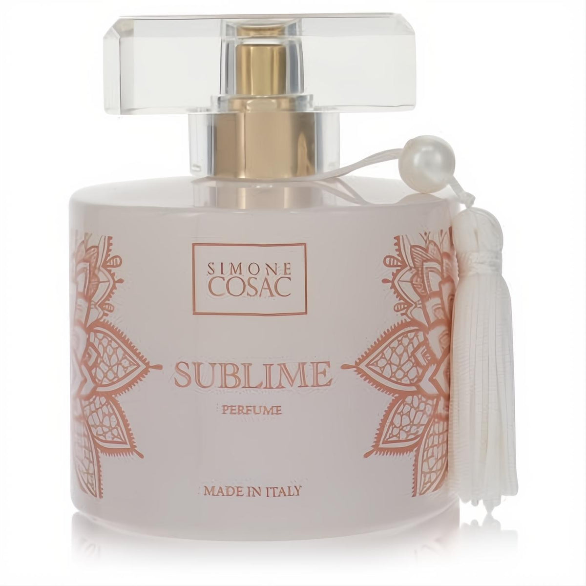 Chic Simone Cosac Sublime women's perfume bottle, light pink with intricate rose gold floral patterns and a pearl-accented white tassel.