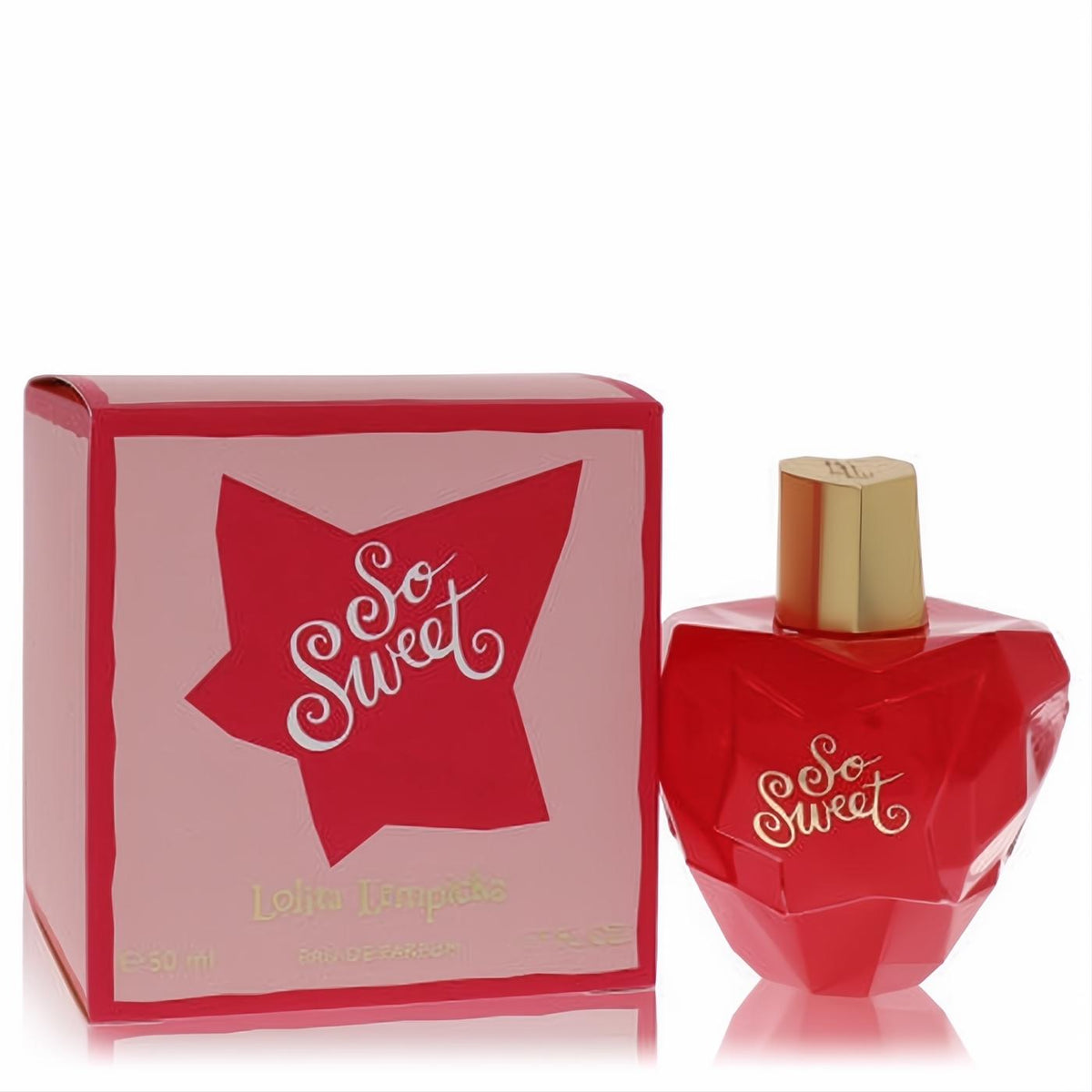 So Sweet Lolita Lempicka 1.7 oz Eau De Parfum: vibrant red faceted heart bottle with gold cap, next to its charming pink star box.