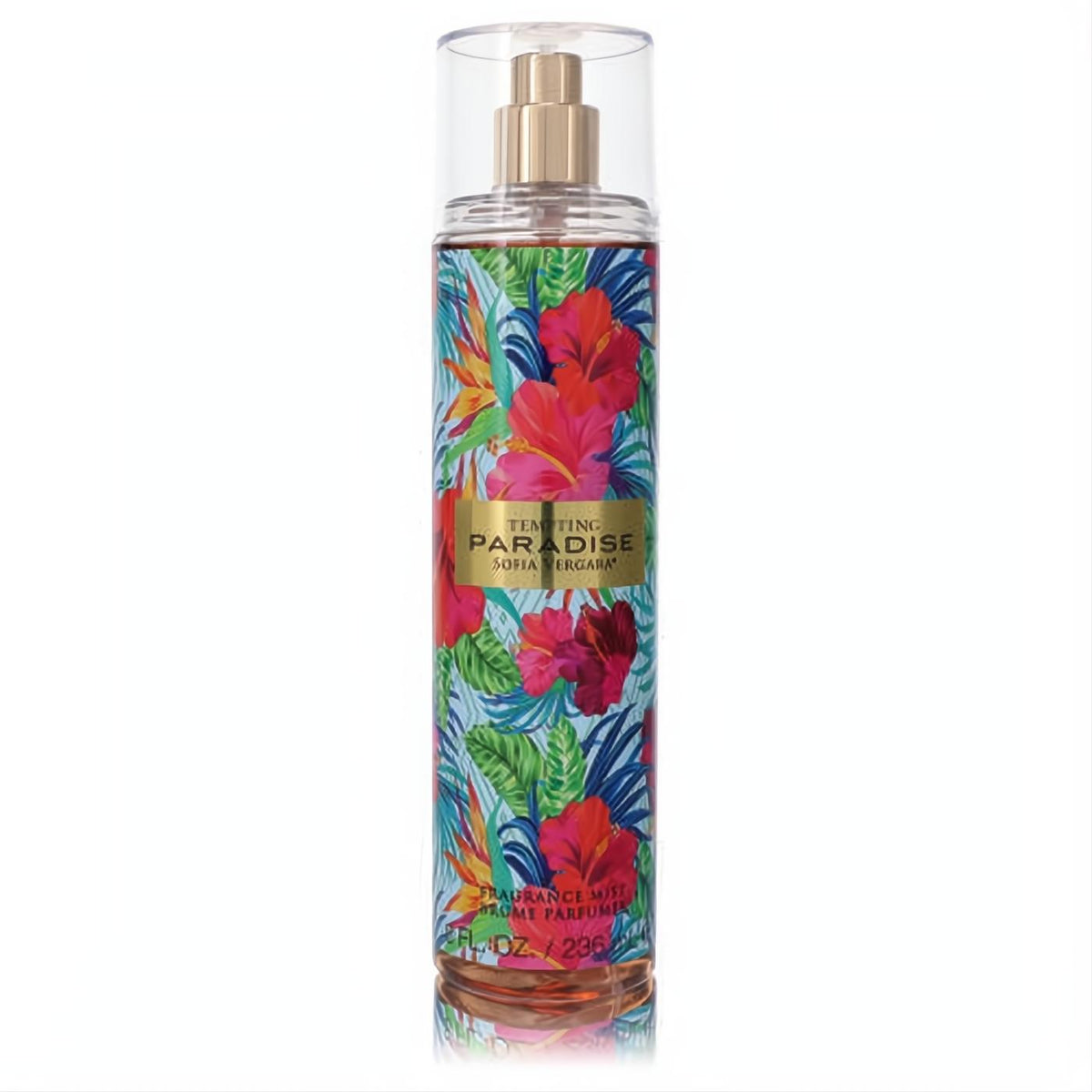 Sofia Vergara Tempting Paradise 8 oz women's body mist. Vibrant tropical floral bottle with red hibiscus, green leaves, and gold sprayer.