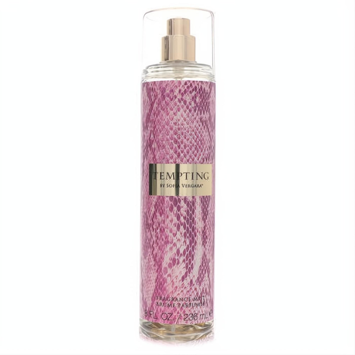 Sofia Vergara Tempting 8 oz body mist. Clear bottle with vibrant pink snakeskin pattern, gold label, and sprayer.