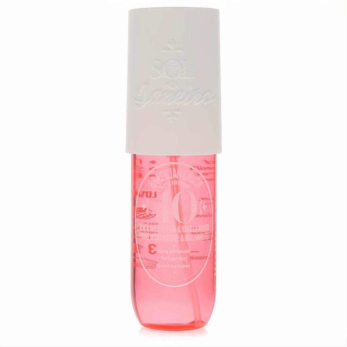Captivating Sol De Janeiro Brazilian Crush Cheirosa 40 hair & body perfume mist. Vibrant pink 3 oz bottle with embossed white cap.