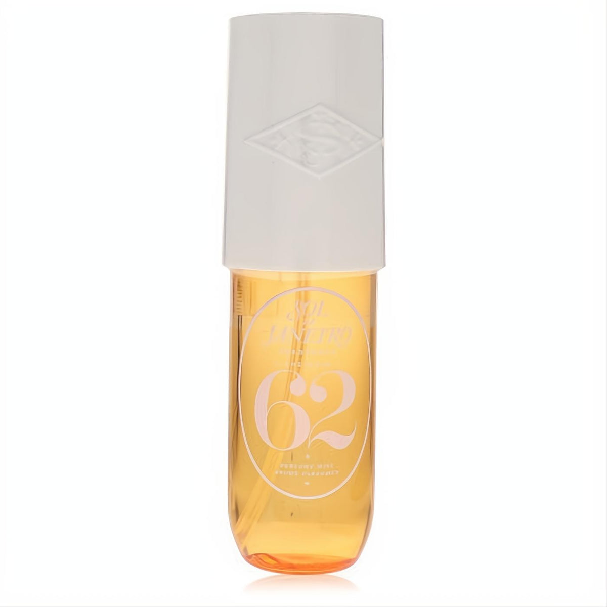 Experience Sol De Janeiro Cheirosa 62 perfume mist. 3 oz clear bottle, golden liquid, bold pink '62' label, and white cap.