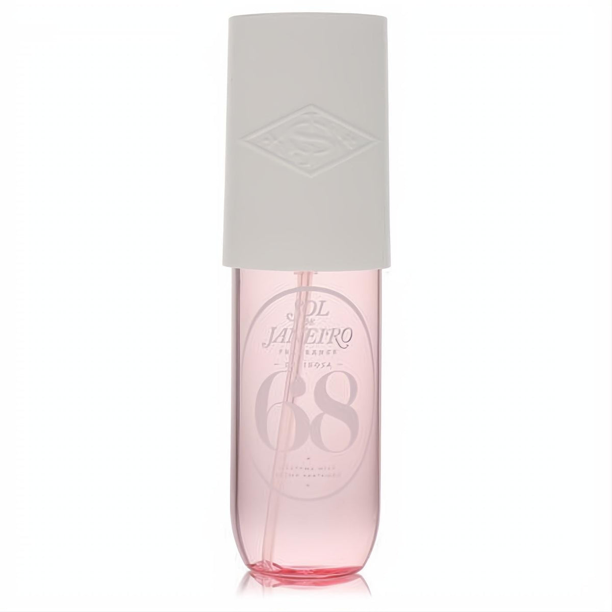 Sleek 3 oz Sol De Janeiro Brazilian Crush Cheirosa 68 Hair & Body Perfume Spray. Features a vibrant pink mist and elegant white cap.