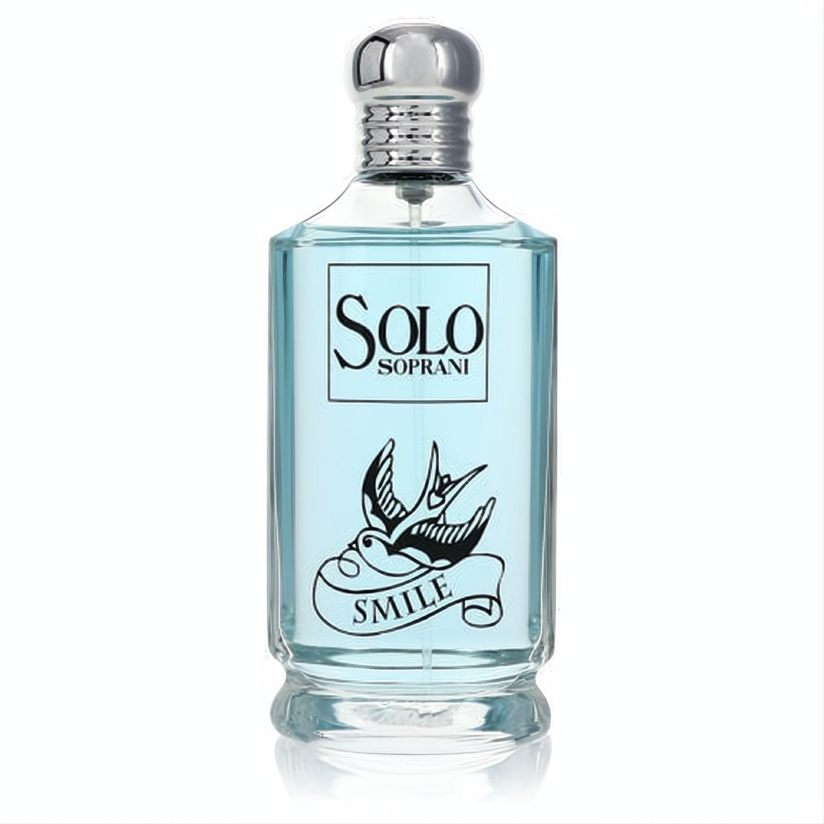 Solo Soprani Smile women's perfume: sparkling light blue fragrance in a clear glass bottle with a silver cap and elegant swallow design.
