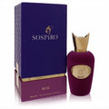 Sospiro Muse 3.4 oz EDP: Exquisite magenta velvet bottle with a regal gold crown cap, beside its ornate purple box.