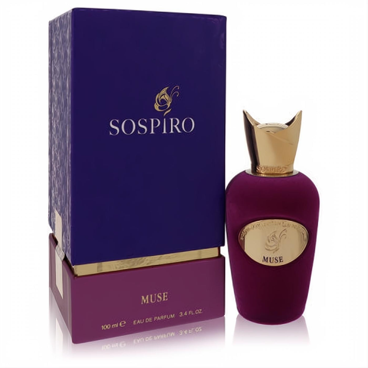 Sospiro Muse 3.4 oz EDP: Exquisite magenta velvet bottle with a regal gold crown cap, beside its ornate purple box.