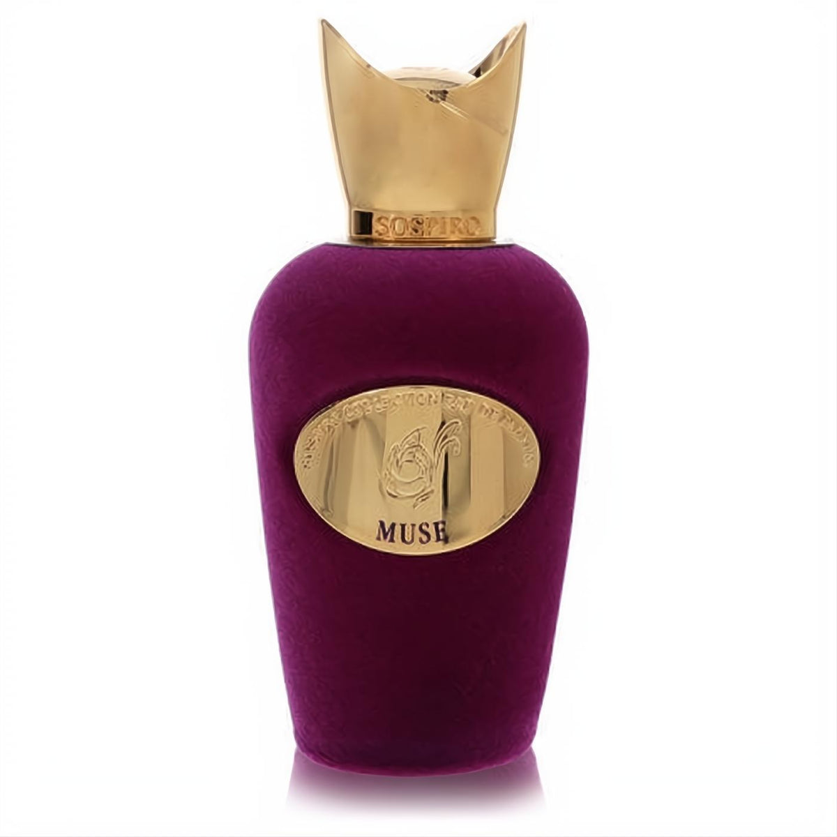 Luxurious Sospiro Muse women's fragrance in a rich purple velvet bottle with a distinctive gold crown cap.