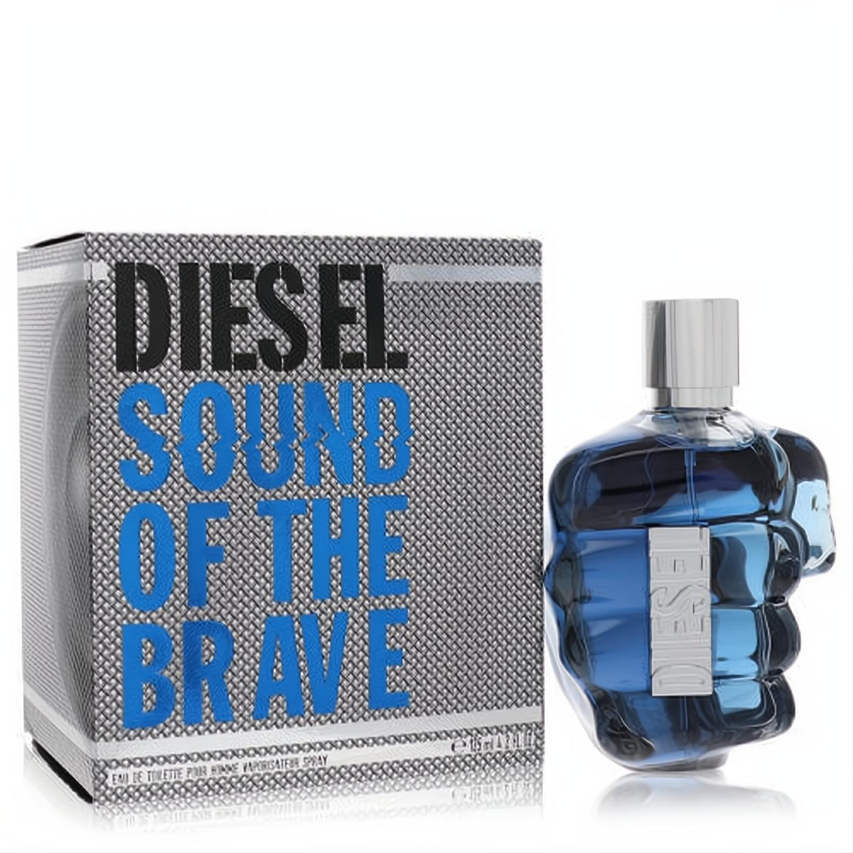Command attention with Diesel Sound Of The Brave 4.2 oz EDT. A bold blue fist bottle and textured grey box.