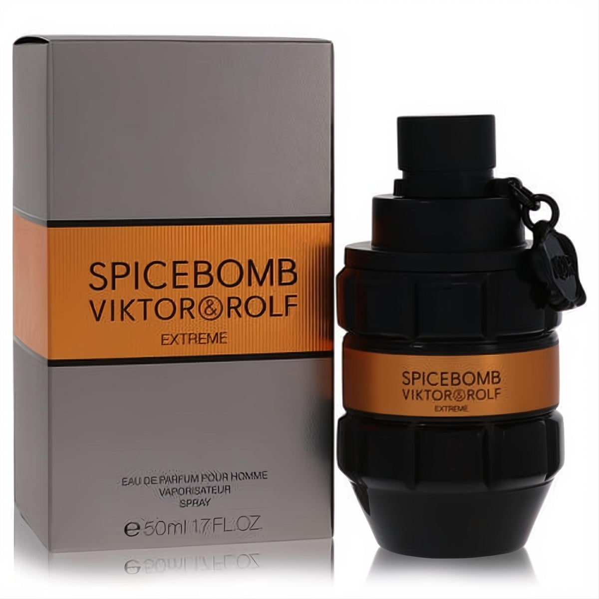 Experience Spicebomb Extreme: 1.7 oz men's EDP in a striking black grenade bottle with orange details, presented with its gray box.