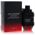 Masculine Spicebomb Infrared Viktor & Rolf 3 oz EDT. Iconic black grenade bottle with fiery red base, displayed with its matching box.