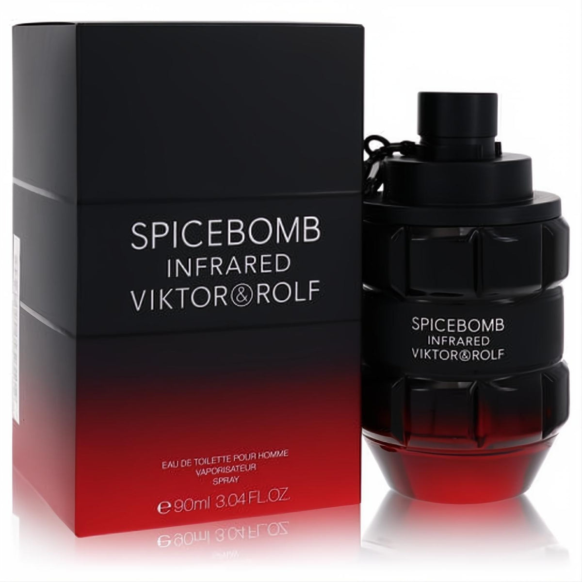 Masculine Spicebomb Infrared Viktor & Rolf 3 oz EDT. Iconic black grenade bottle with fiery red base, displayed with its matching box.