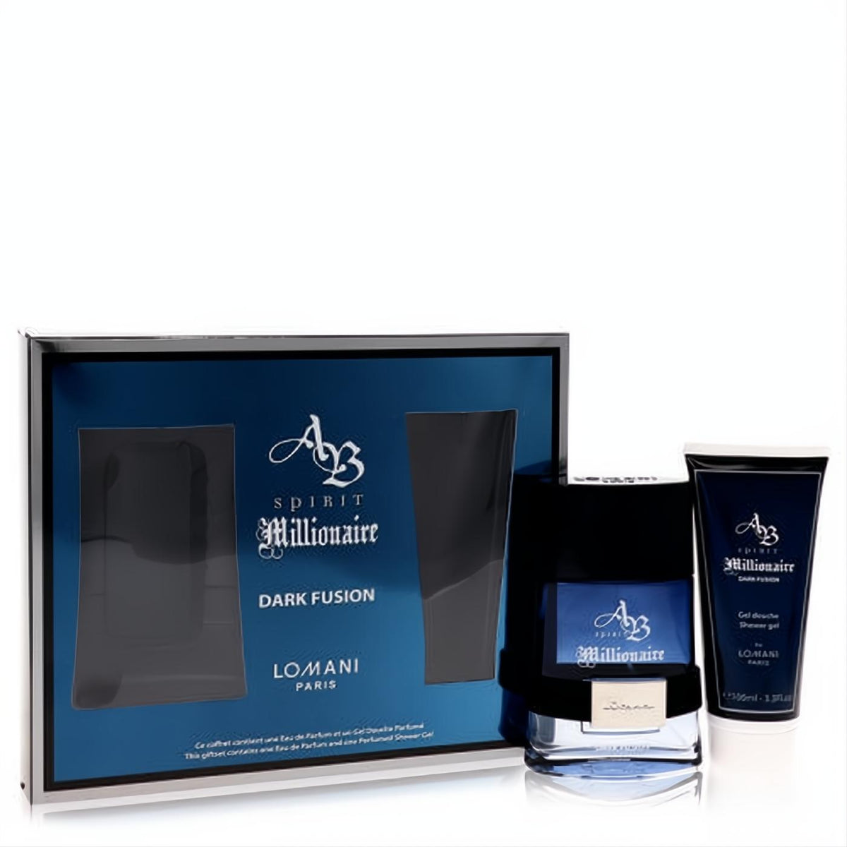 Lomani Spirit Millionaire Dark Fusion men's 3.3 oz EDP and shower gel gift set. Sleek blue bottle, tube, and branded box.