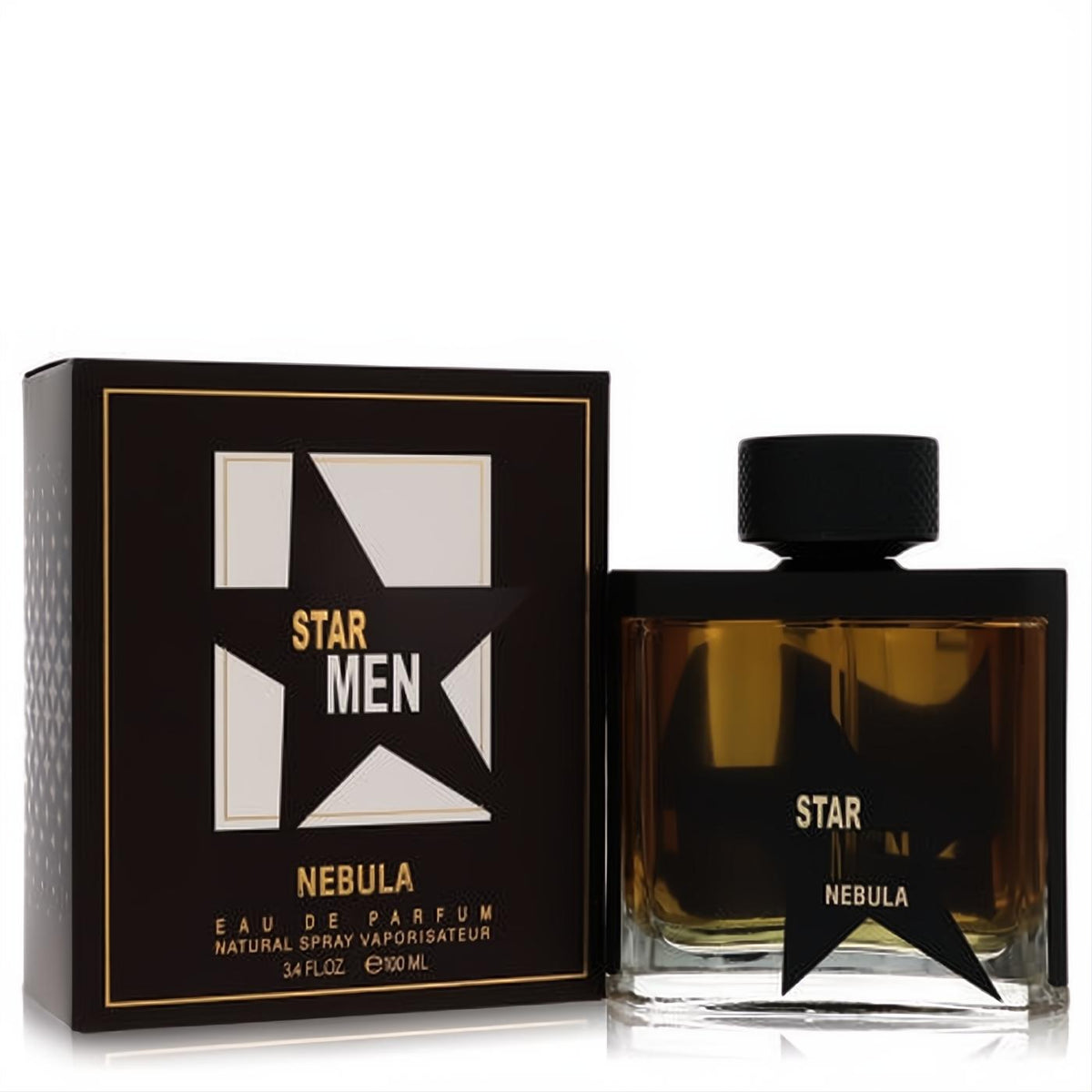 Star Men Nebula 3.4 oz men's EDP. Elegant black and gold box with star design, clear bottle revealing the rich amber scent.