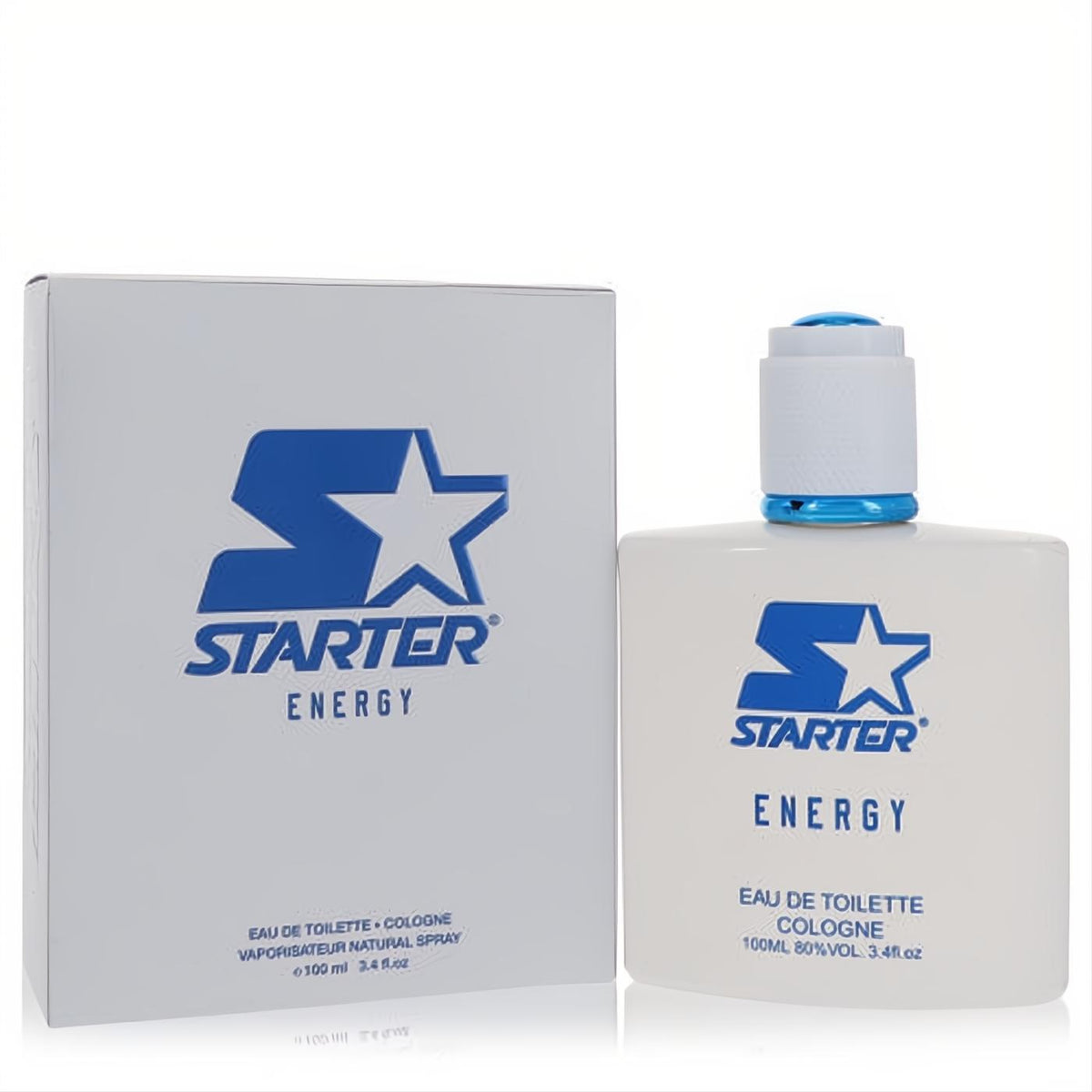 Energizing Starter Energy 3.4 oz EDT for men. Sleek white glass bottle with blue logo, cap accent, and matching box.