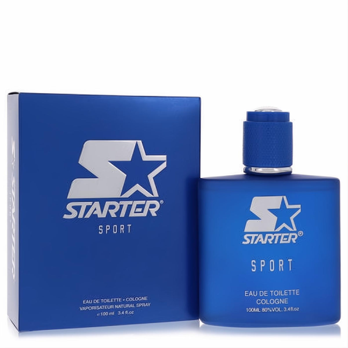 Bold Starter Sport men's 3.4 oz EDT in a frosted blue glass bottle and matching box, showcasing the silver S-star logo.