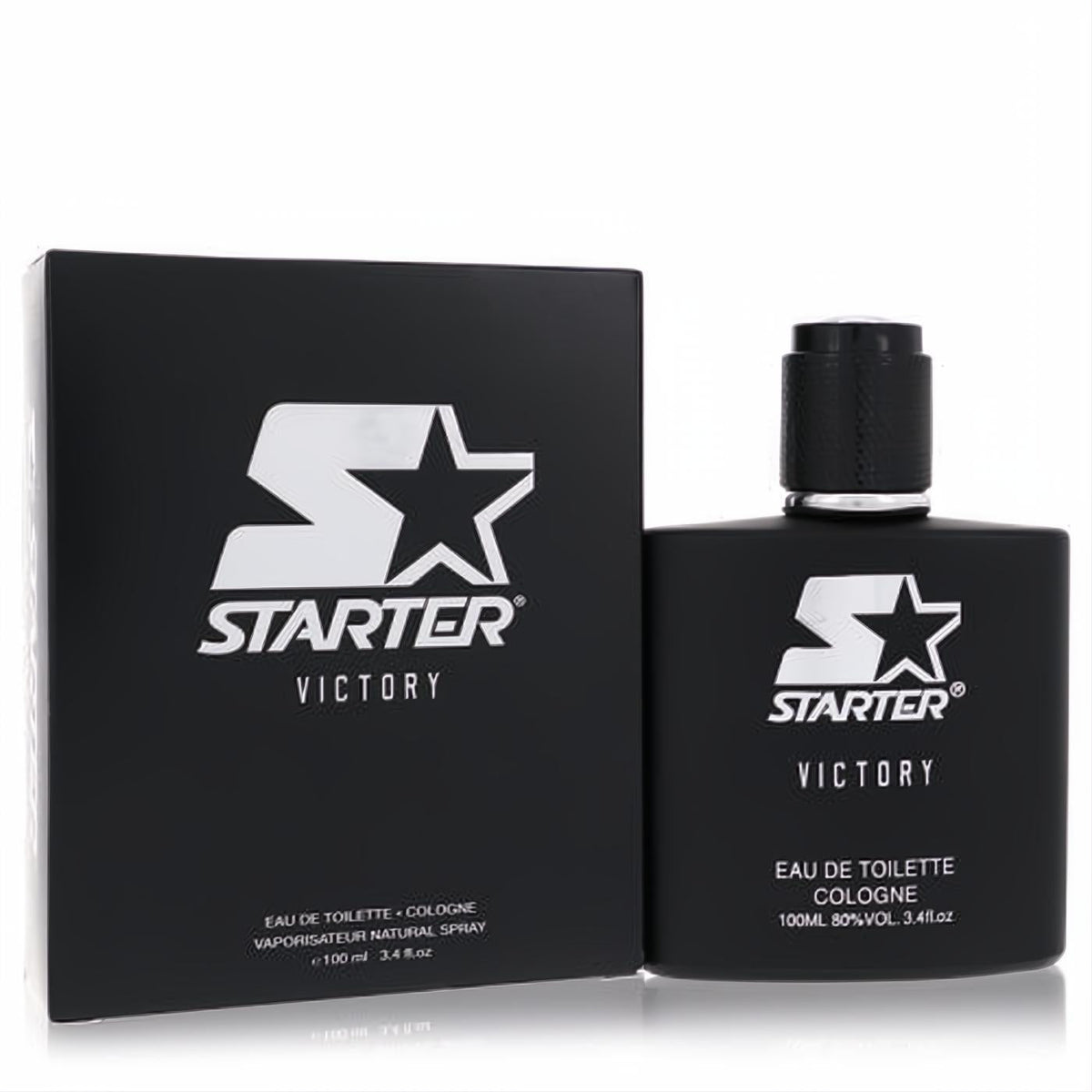 Sleek matte black Starter Victory 3.4 oz men's cologne bottle and box with bold white logo. A modern, refreshing fragrance for men.