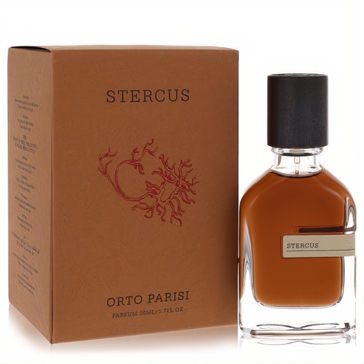 Stercus by Orto Parisi 1.7 oz pure parfum: elegant clear glass bottle with warm amber liquid, black cap, and distinctive brown box.