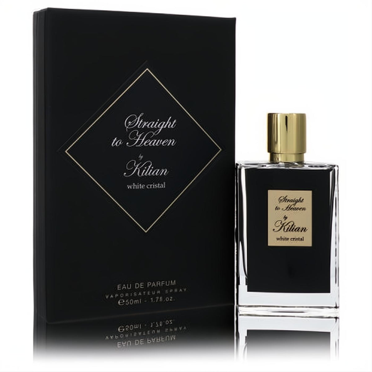 Luxurious Kilian Straight To Heaven White Cristal 1.7 oz EDP. Sleek black bottle, gold cap, and elegant matching black box.
