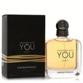 Giorgio Armani Stronger With You Only 3.4 oz EDT. Clear bottle with warm amber fragrance, elegant black cap, and matching black & gold box.