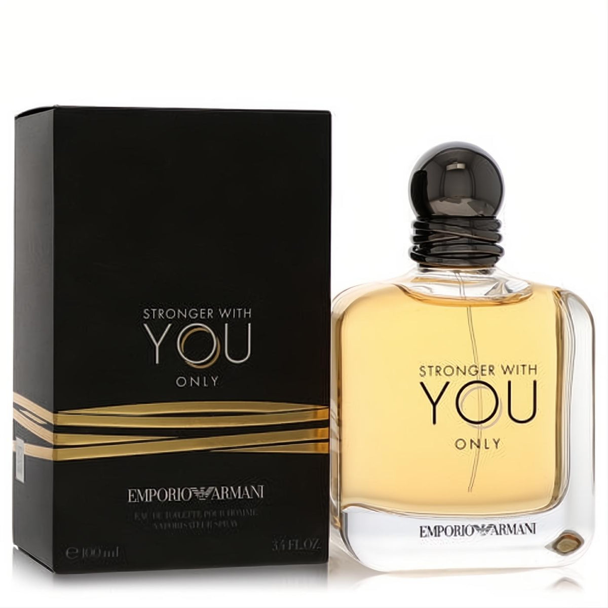 Giorgio Armani Stronger With You Only 3.4 oz EDT. Clear bottle with warm amber fragrance, elegant black cap, and matching black & gold box.