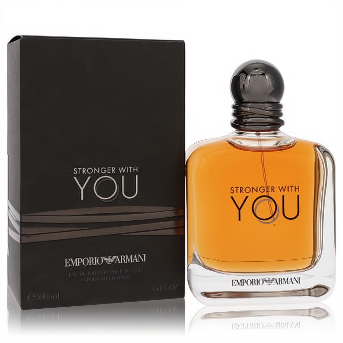 Stronger With You by Giorgio Armani men's 3.4 oz EDT spray. Iconic clear glass bottle with amber liquid, dark cap, beside its sleek black box.