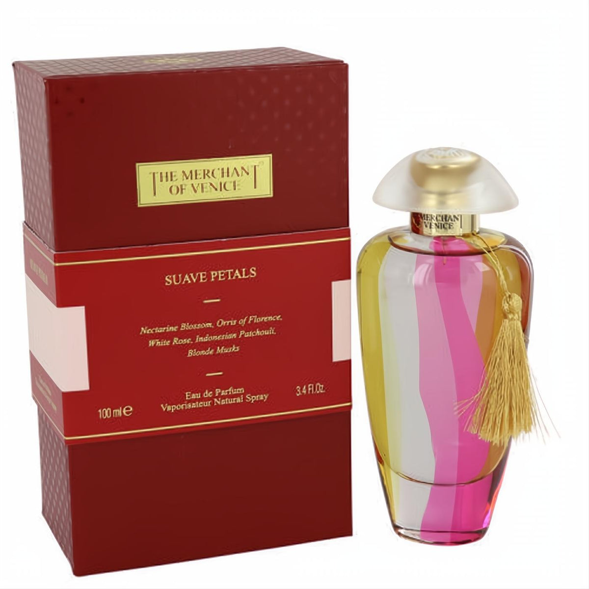 Suave Petals 3.4 oz Eau de Parfum by The Merchant of Venice. Vibrant pink, yellow, orange bottle with gold cap, tassel, and red box.