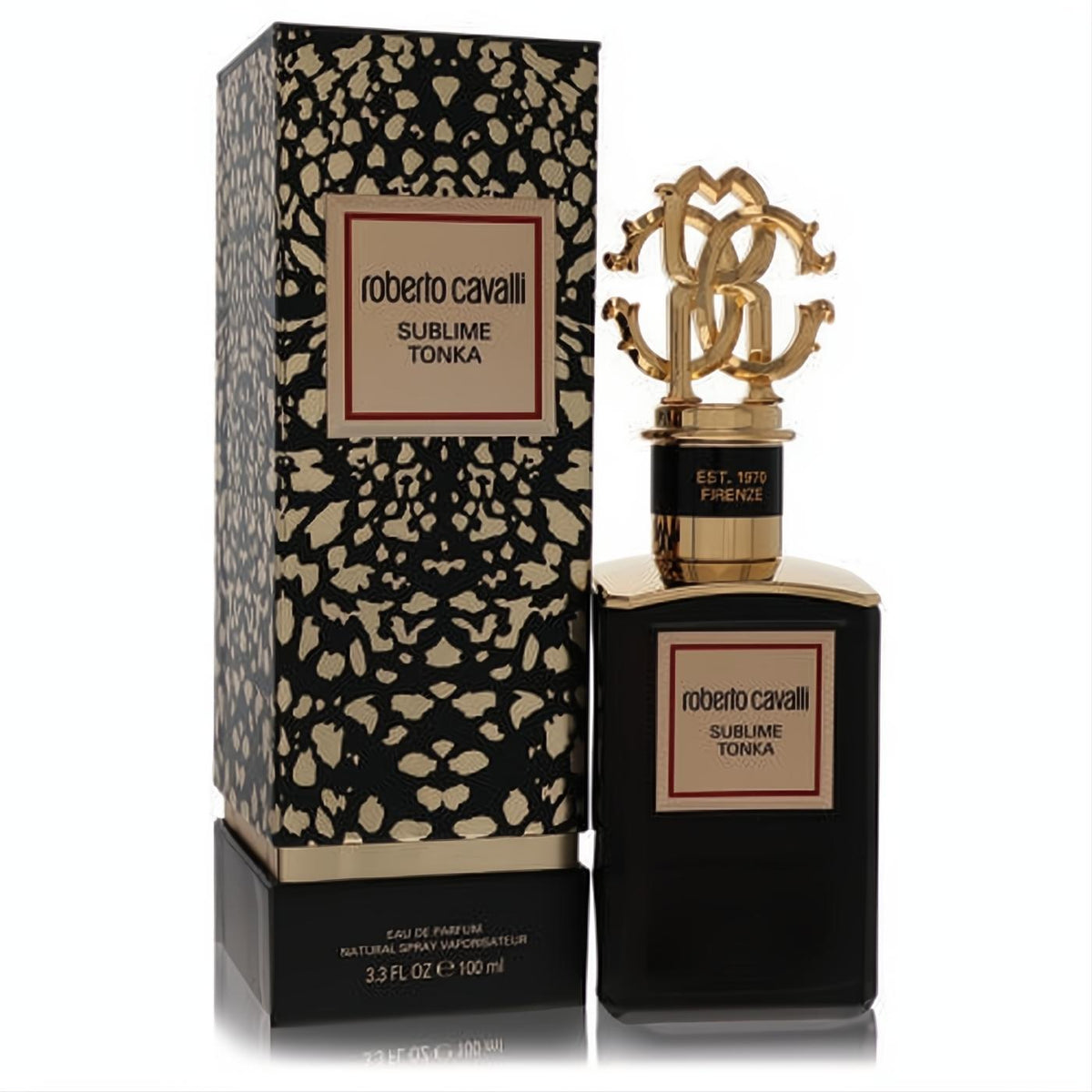 Roberto Cavalli Sublime Tonka 3.3 oz EDP. Bold black bottle, opulent gold RC cap, and fierce leopard print box.