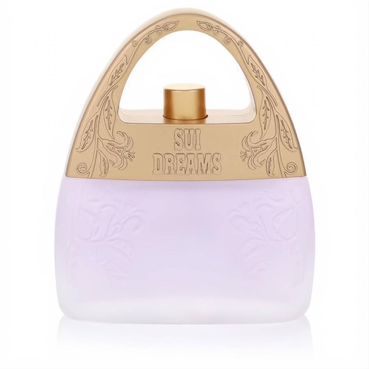Enchanting Anna Sui Dreams In Purple perfume. Lavender frosted glass bottle with ornate gold handle, 'SUI DREAMS' text, and delicate embossed florals.