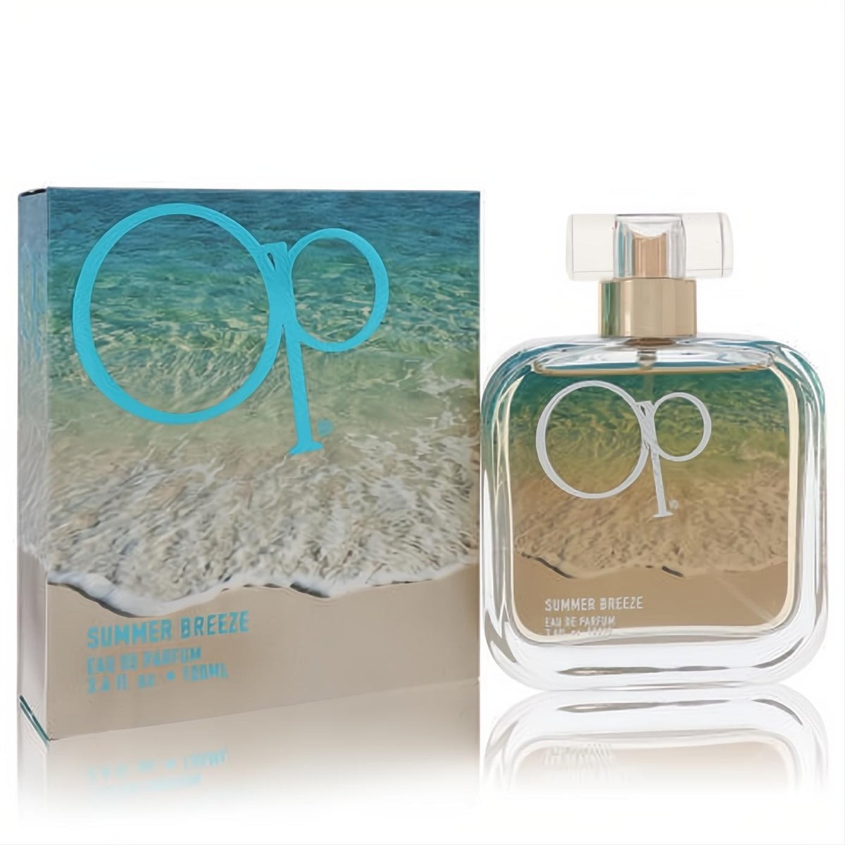 Ocean Pacific Summer Breeze 3.4 oz women's perfume. Clear glass bottle with a refreshing beach-gradient liquid, gold neck, and matching box.