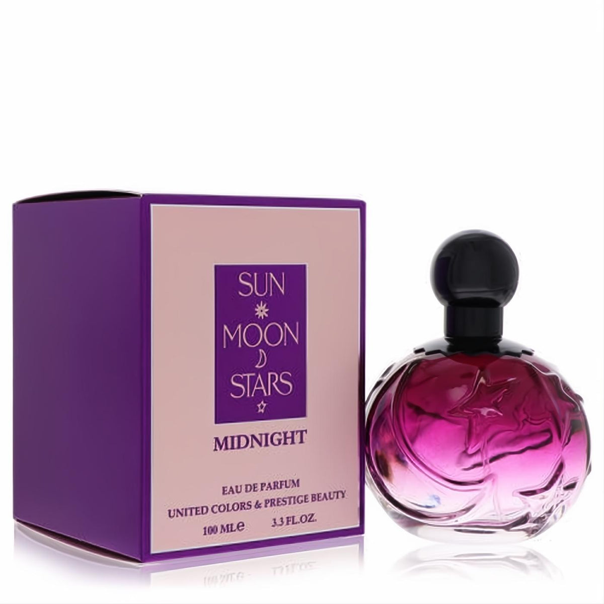 Sun Moon Stars Midnight 3.3 oz EDP. Sculpted purple glass bottle with black cap, next to its elegant dark purple box.