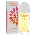 Elizabeth Arden Sunflowers Sunlight Kiss 100ml EDT. Clear glass bottle with golden liquid, white cap. Vibrant box features an orange-pink sunflower design.