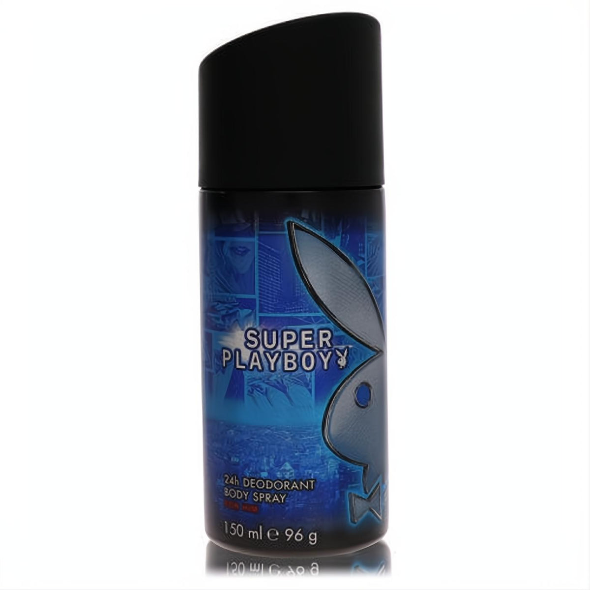 Super Playboy 150ml men's 24h deodorant body spray. Dark blue can with silver bunny logo, city graphic, and sleek black cap.
