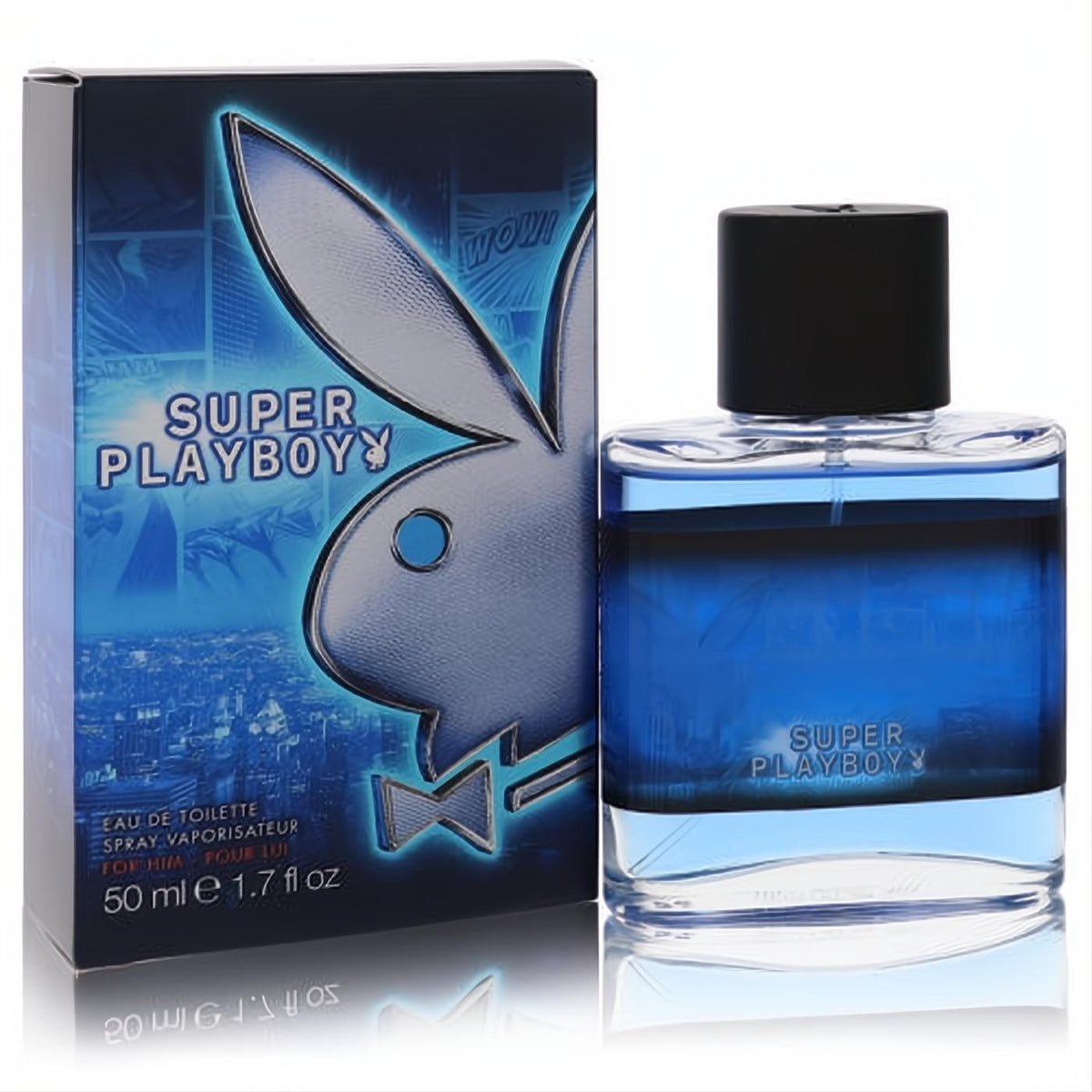 Super Playboy by Coty 1.7 oz men's EDT. Bold blue glass bottle with black cap and iconic bunny logo, presented with its dynamic blue box.
