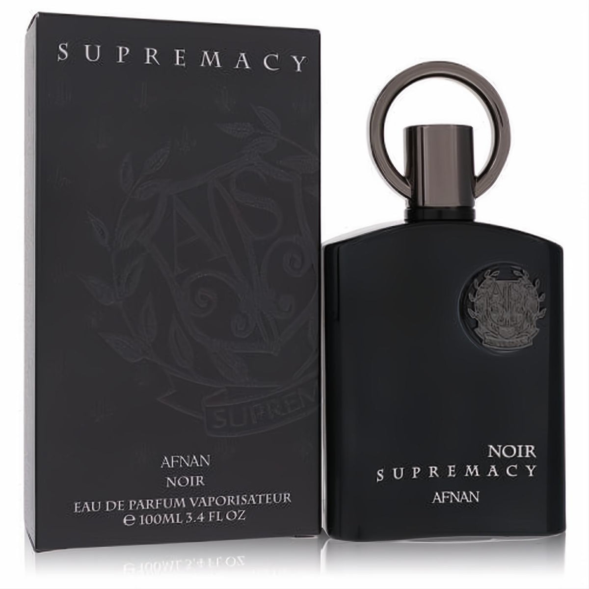 Afnan Supremacy Noir 3.4 oz men's Eau de Parfum. Sleek matte black bottle features a unique metallic ring cap and crest.